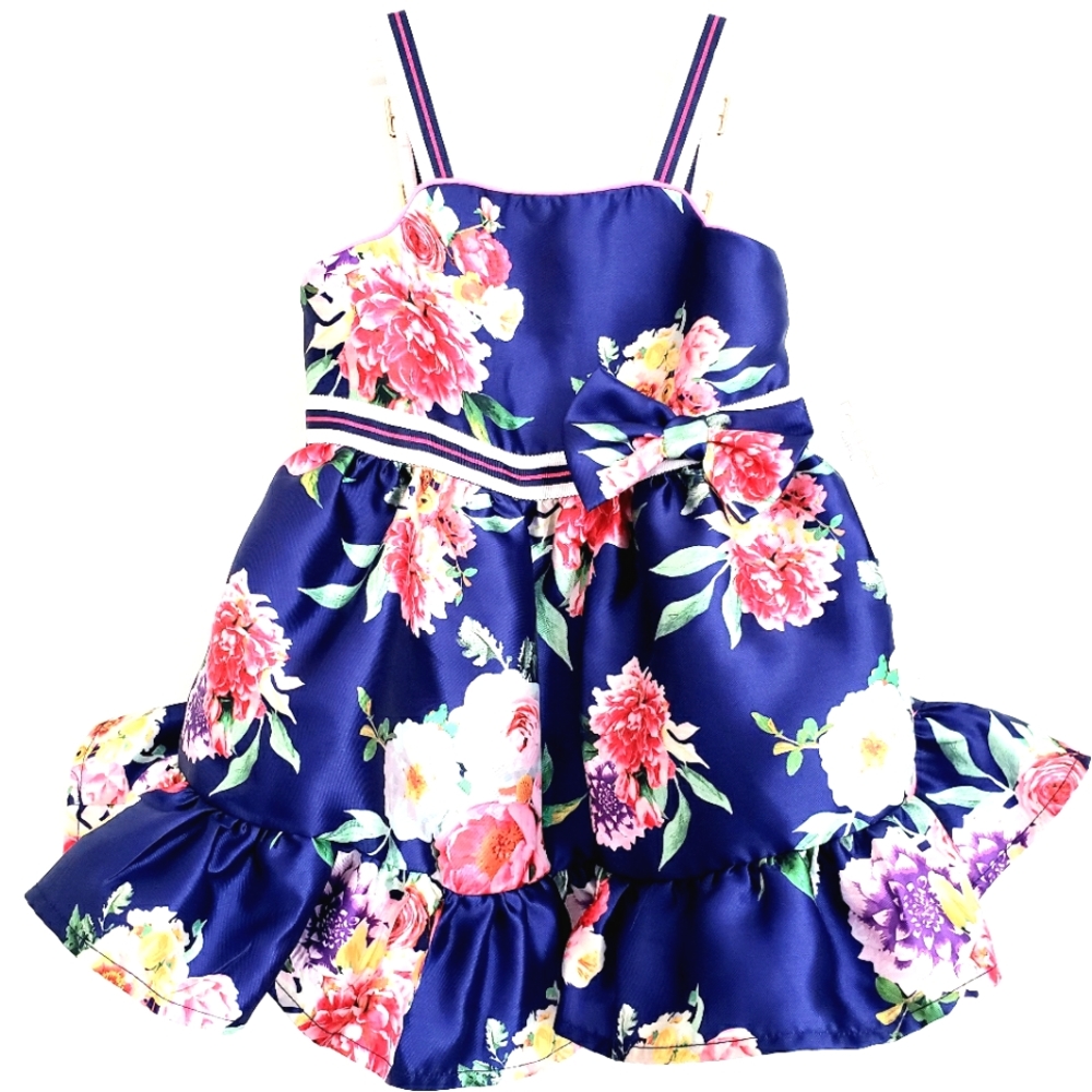 Tahari Girl  Nwt Navy w/ Pink Floral Satin Party Dress